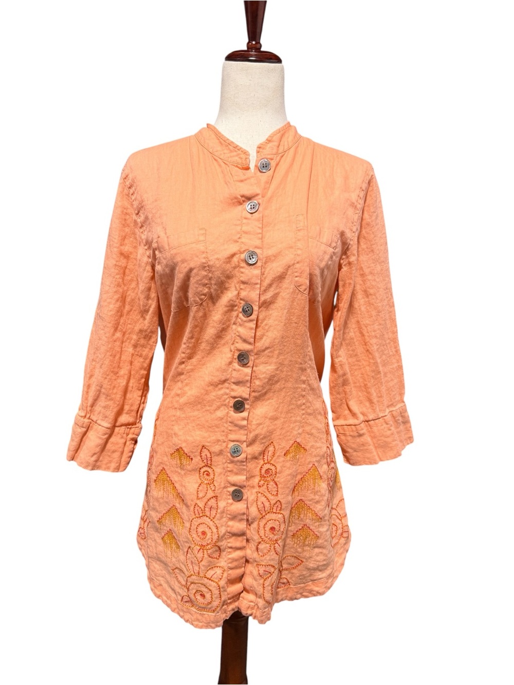 J‎ Jill Linen Orange Floral Embroidered Tunic Sz M Button-Front Beach Natural